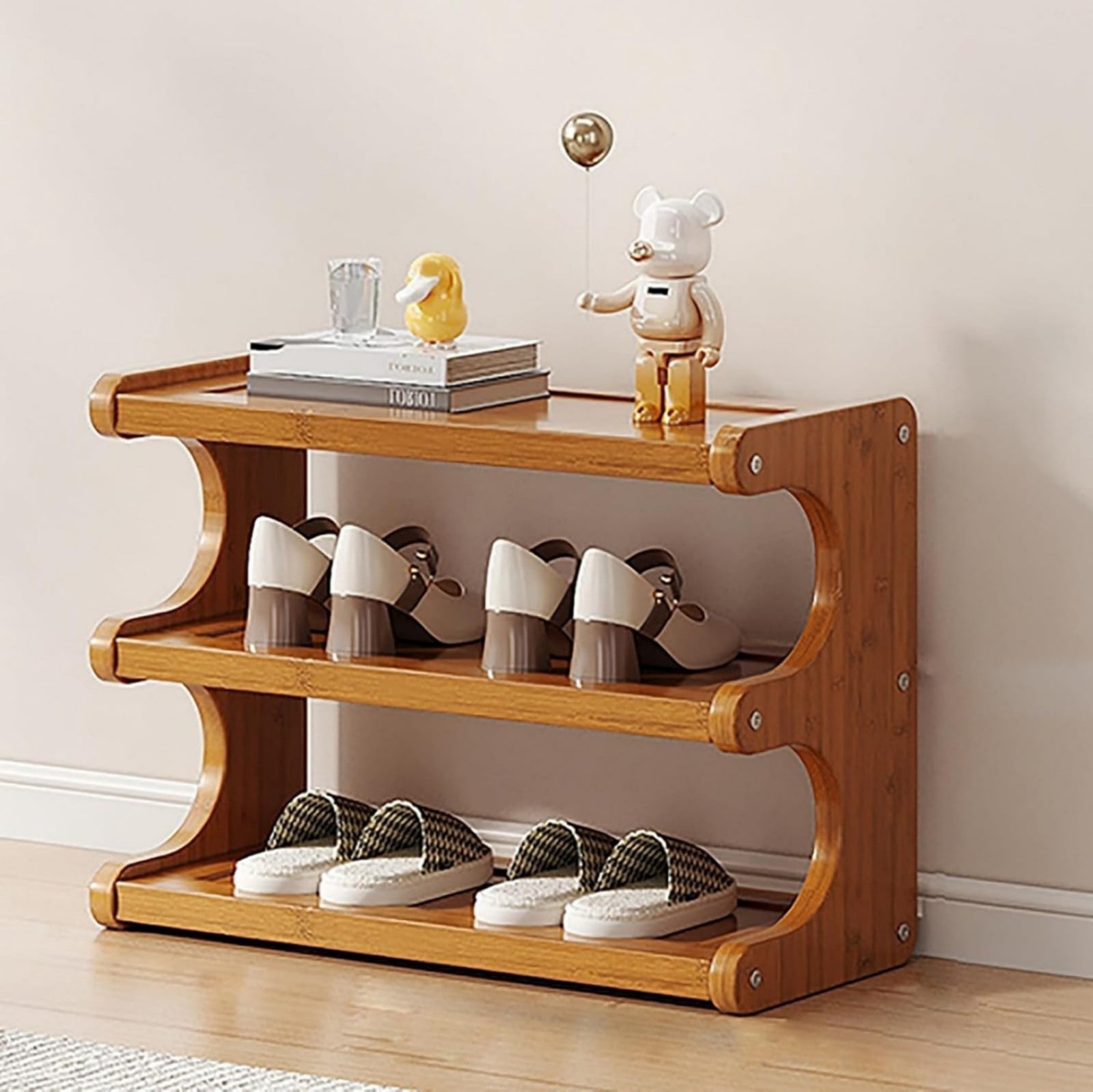 3 Tiers Bamboo Shoe Rack Organizer, Free Standing Vertical Shoe Storage Shelf with Adjustable Shelves for Entryway Closet Hallway, Brown