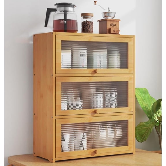 3 Tiers Bamboo Storage Cabinet, Wood Sideboard with Acrylic Doors Modern Kitchen Pantry with Handle Storage Cabinet with Large Capacity for Home Kitchen