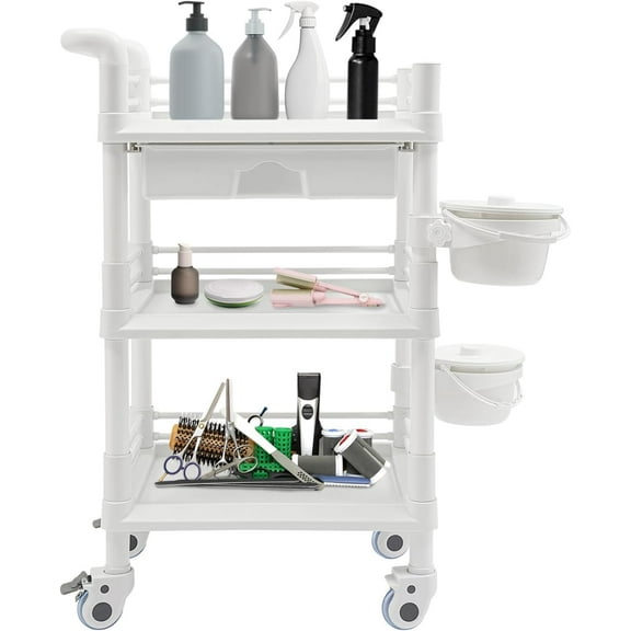 3 Tiers Beauty Salon Rolling Trolley, Mobile Medical Trolley Cart with 2 Dirts Bucket, Esthetician Cart with Drawer Lockable Wheels, 3 Tier Heavy Duty SPA for Beauty Salon Hospital Lab (White)