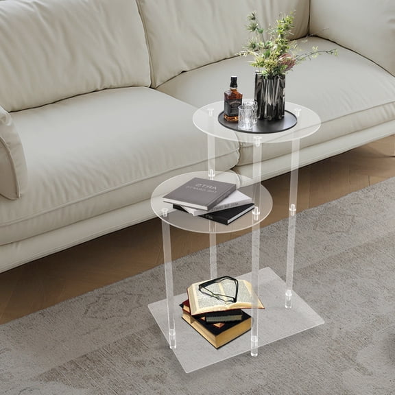 3 Tiers Bedside Table with Open Storage Shelf, Freestanding Clear Side Table Round