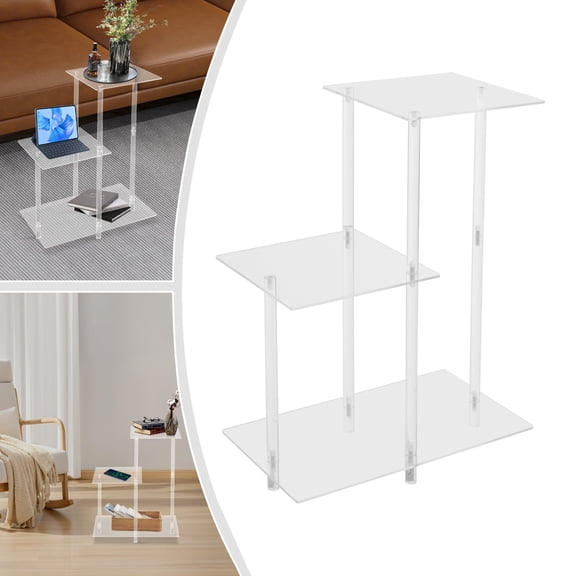 3 Tiers Bedside Table with Open Storage Shelf, Freestanding Clear Side Table Square