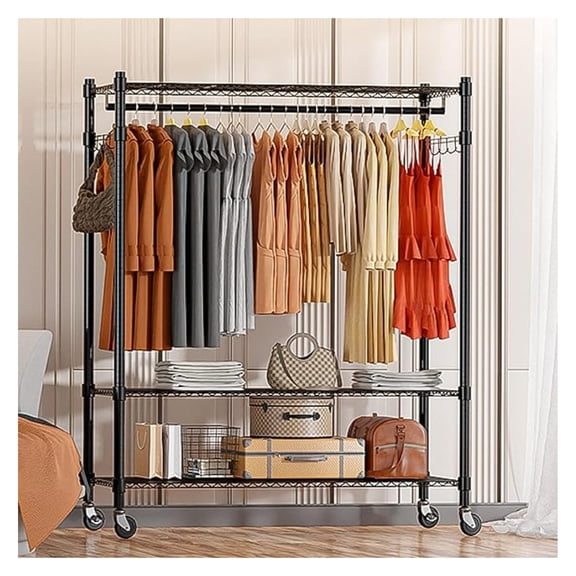 3-Tiers Big Size Heavy Duty Wire Shelving Unit Garment Rack with Hanger Bar Wheels+2 Pair Side ,Black