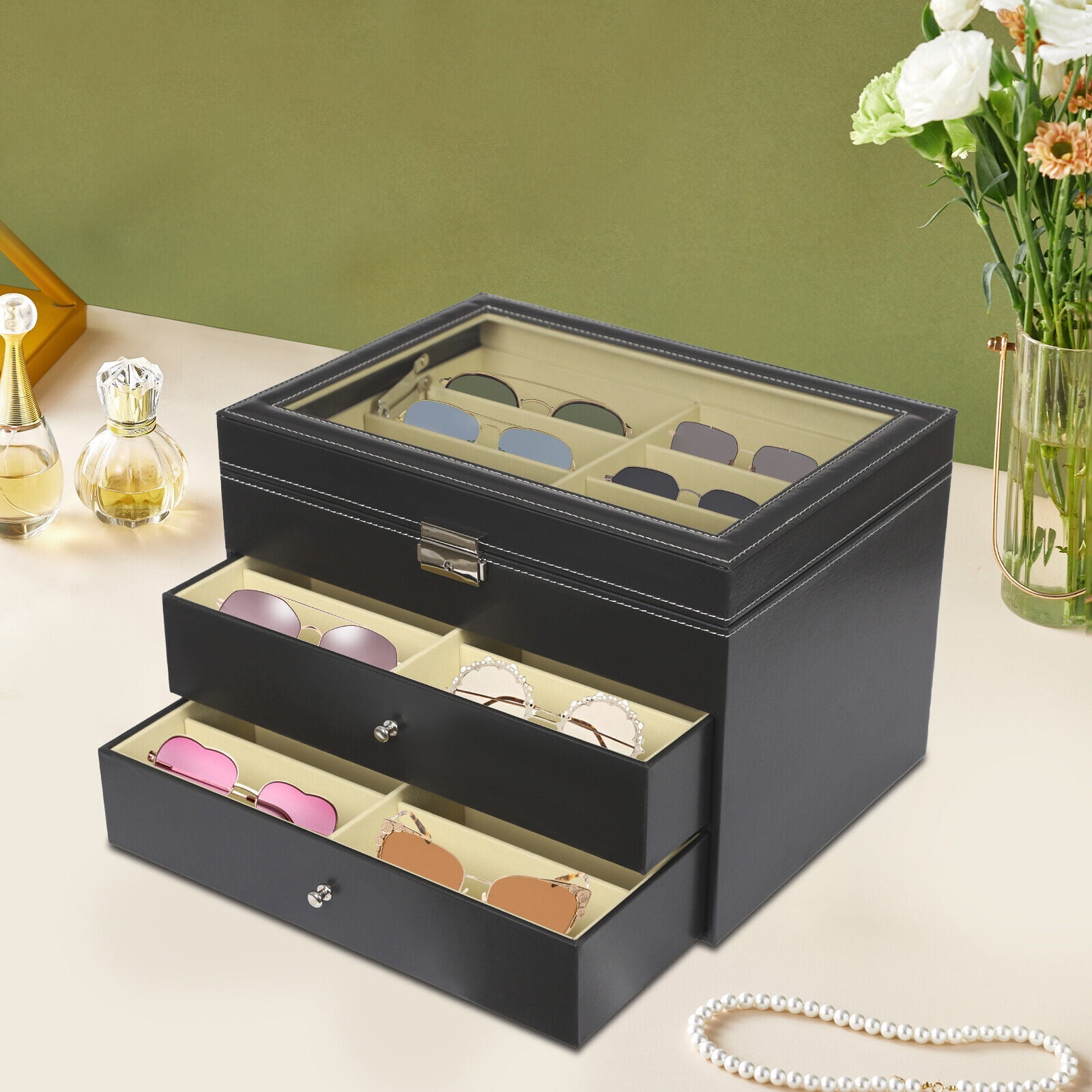 3 Tiers Black Eyeglasses Display Case 24 Grid Sunglass Glasses Display ...