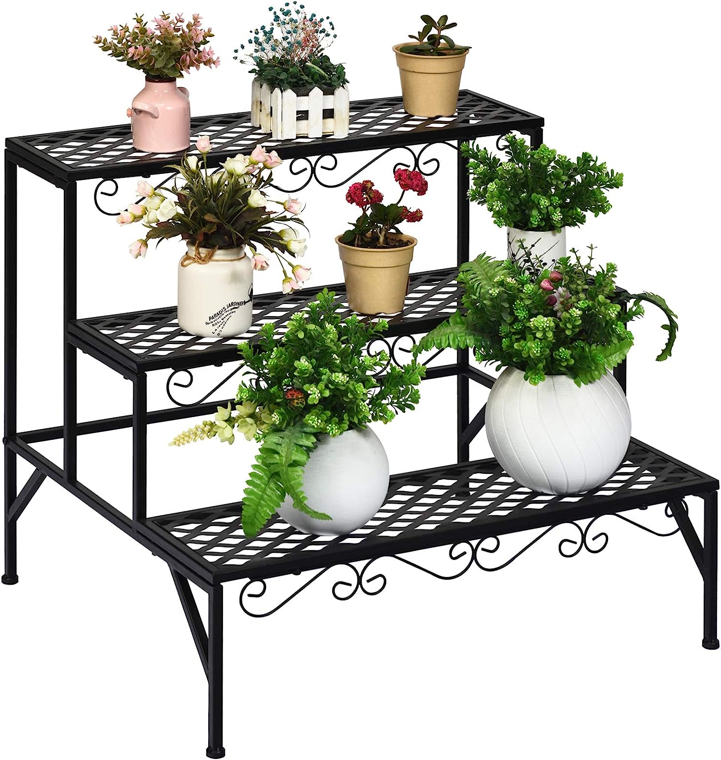 3 Tiers Black Metal Plant Stand, Metal Plant Shelf Stands w/ 69 Flower ted Capacity Holders