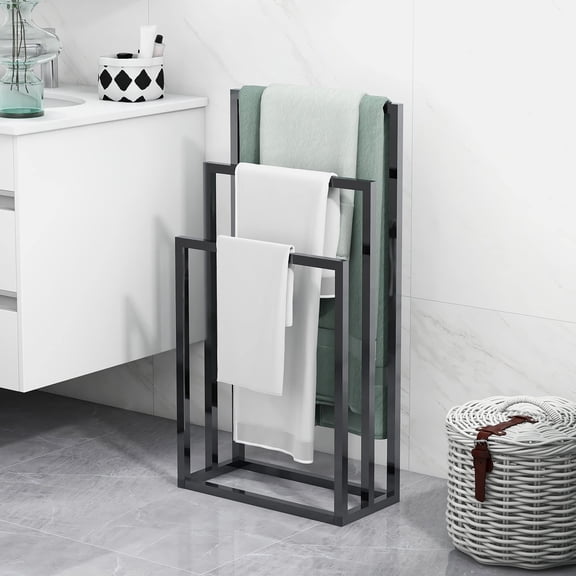 3 Tiers Black Metal Towel Rack Chrome Tall Industrial Modern Freestanding Towel Holder for Bathroom Accessories Organizer for Bath Storage & Hand Towels,Washcloths,Next to Tub or Shower