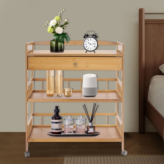 3 Tiers Brown Freestanding Rolling Cart Kitchen Serving Storage Cart Sturdy Storage Organizer Cart with Universal Wheels