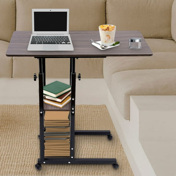3 Tiers C-Shaped Side Table, Height Adjustable C Table End Table Coffee Home Office Table Desk for Lunch Laptop Desk,Study Reading Desk, Sofa Side Table with 4 Wheels,Brown