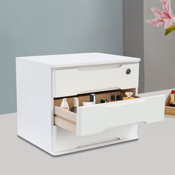 3 Tiers Desk Organizer, White Wooden Desktop Storage Box, Desktop Storage Box with Lockable Drawers with 2* Keys