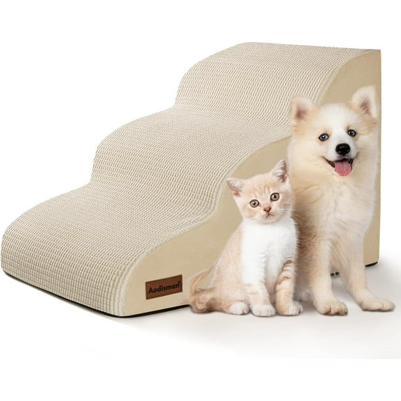 3 Tiers Dog Stairs and Ramp for Small Dogs, Non-Slip Pet Stairs for Beds Or Couches, Pet Steps for Injured Dogs, Elderly Pets, Small Cats, Easy to Walk ,Beige