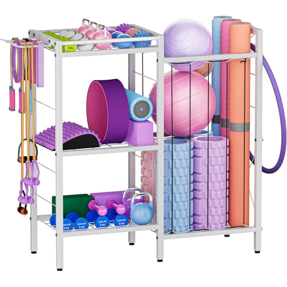 3 Tiers Dumbbells Yoga Mat Storage Rack with Elastic Straps for Kettlebells Foam Roller Resistance Bands Balls, Workout Equipment Organizer Weight Storage Holder with Hooks for Home Gym