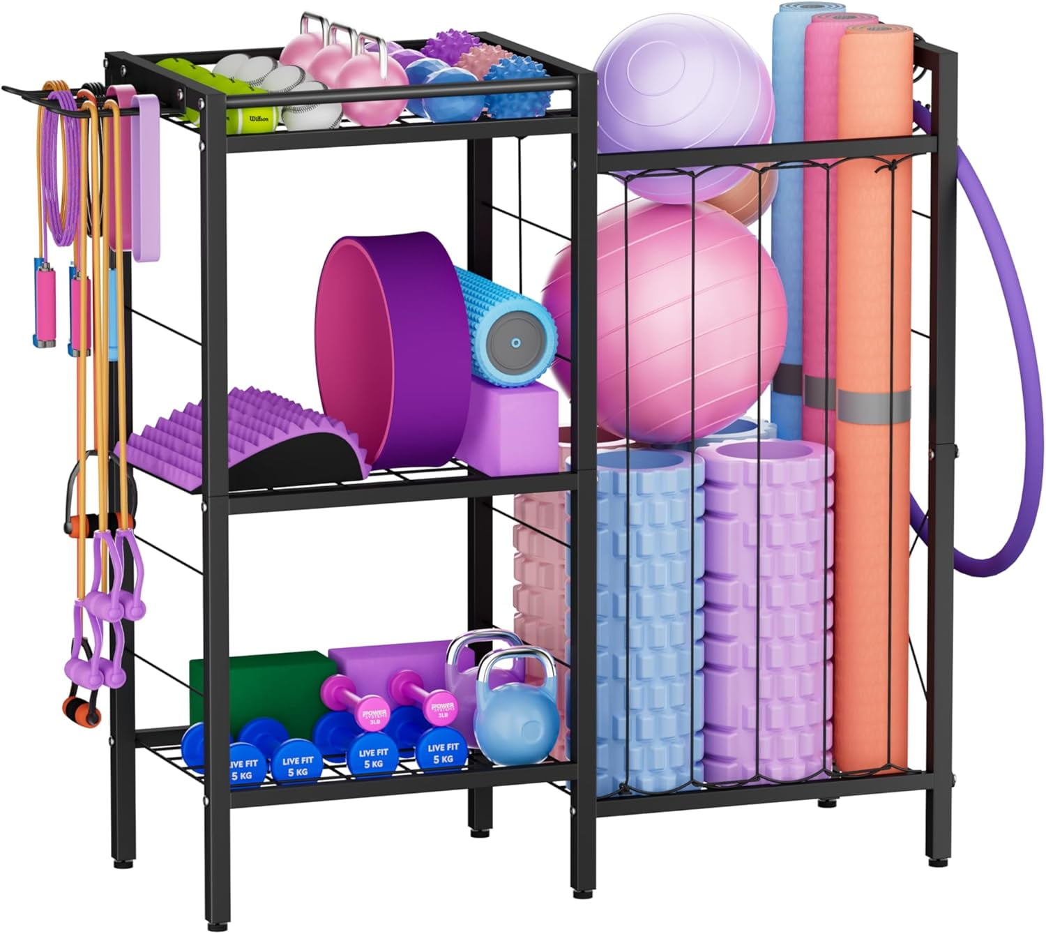 3 Tiers Dumbbells Yoga Mat Storage Rack with Elastic Straps for ...