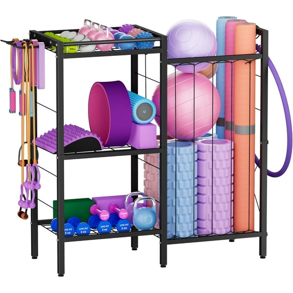 3 Tiers Dumbbells Yoga Mat Storage Rack with Elastic Straps for Kettlebells Foam Roller Resistance Bands Balls, Workout Equipment Organizer Weight Storage Holder with Hooks for Home Gym
