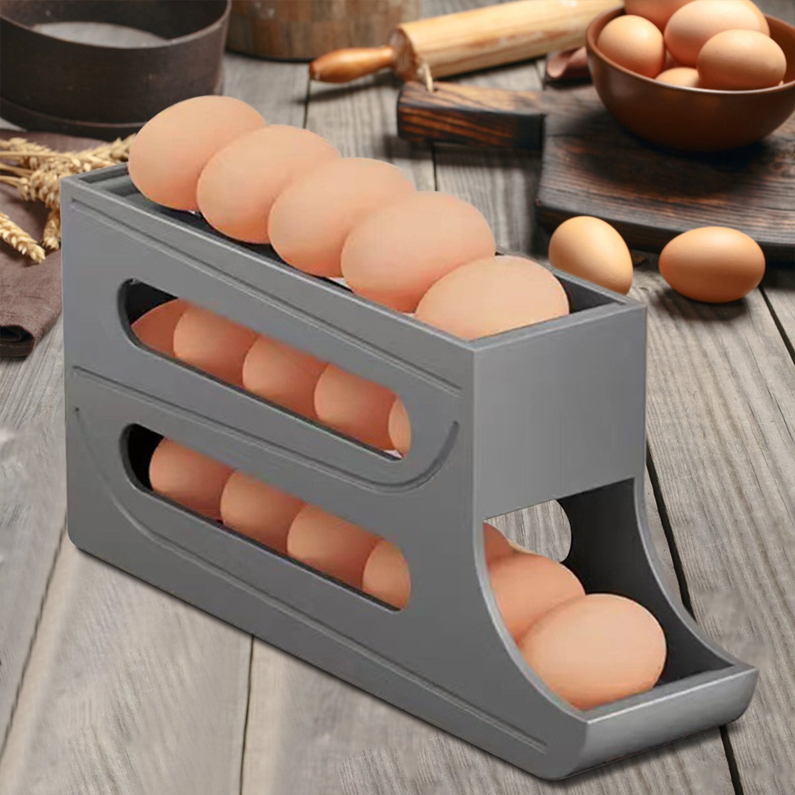 3 Tiers Egg Holder for Fridge Automatic Scrolling Egg Rack Holder Space ...