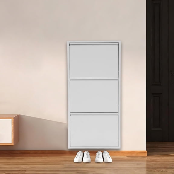 3 Tiers Flip Over Shoe Cabinet Wall Mounted & No-Assembly Shoe Cabinet White for Living Room, Bedroom
