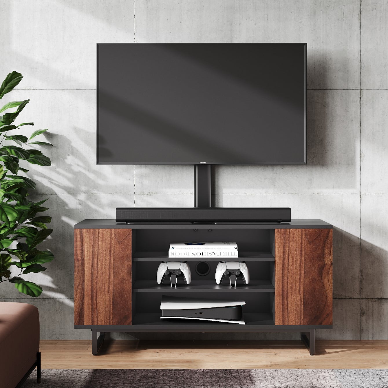 3-Tiers Floor Wood TV Stand Media Console with Mount Base for 32 to 70 inches Flat Screen Industrial Metal Leg TW310601MB