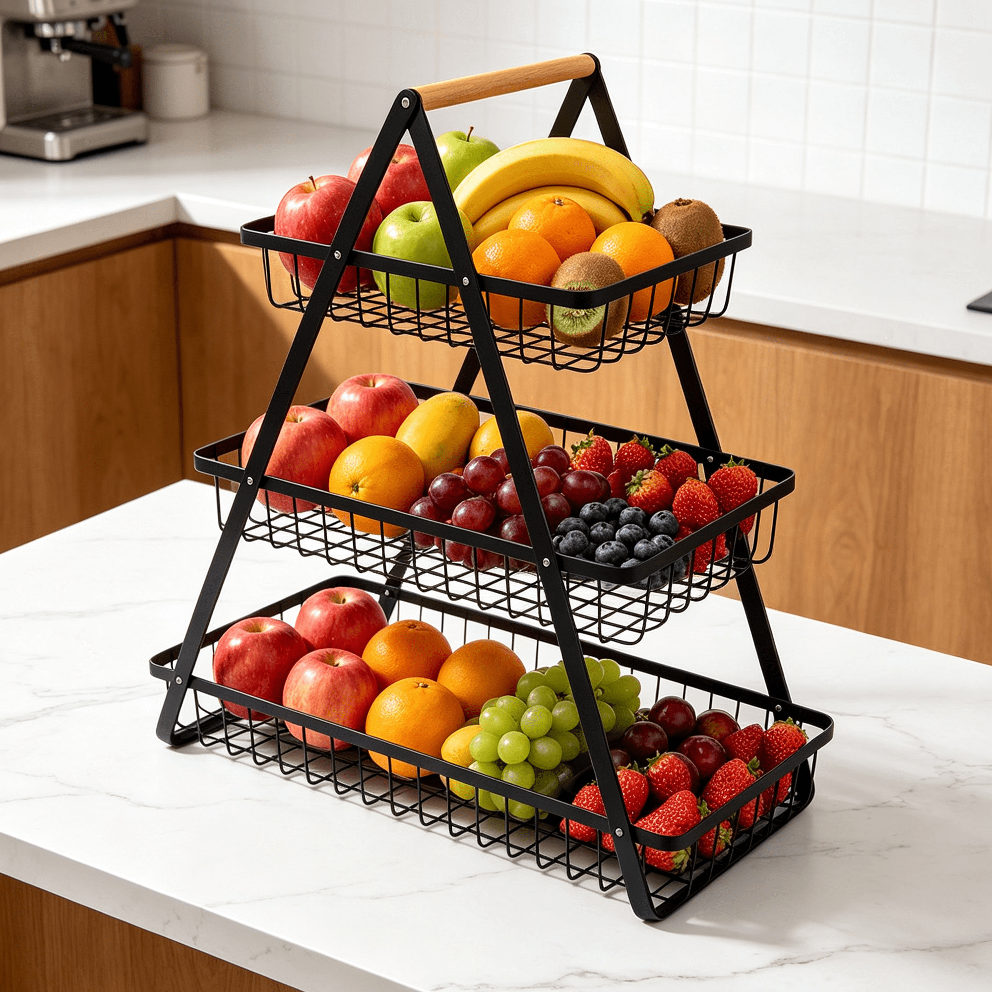 3 Tiers Fruit Basket, Kitchen Countertop Storage Basket with Wooden Handle, Metal Fruit Bowl Kitchen Office Dining Organizer for Fruit, Vegetable, Snacks