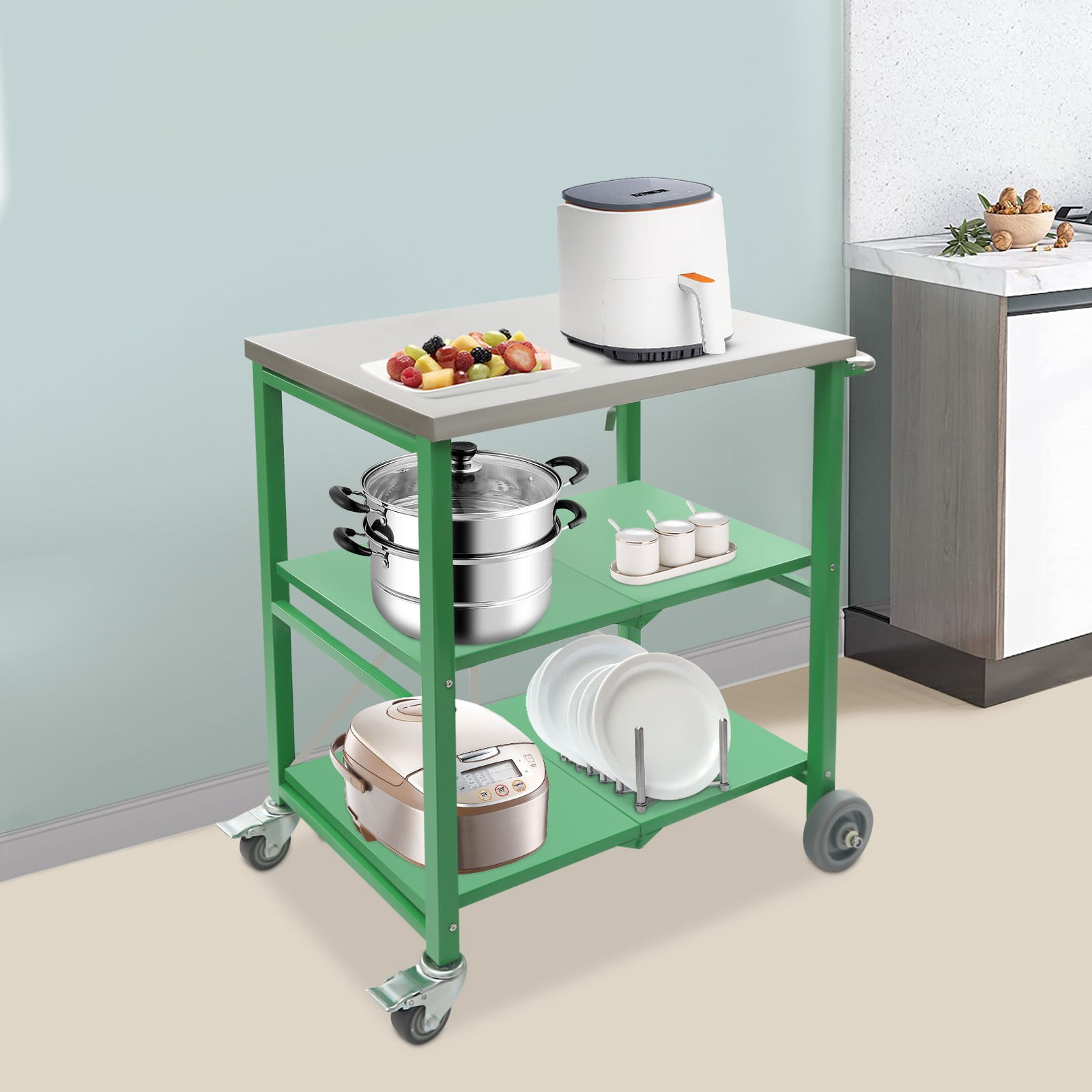 3 Tiers Grill Cart, Folding Outdoor Grill Cart 18.5"D X 27.6"W, Green Folding Hand Truck with Storage, Heavy Duty Utility Cart for Kitchen Camping