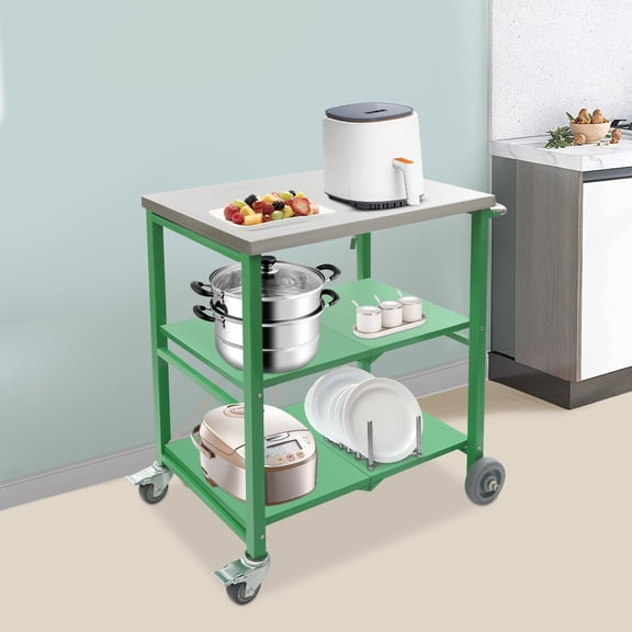 3 Tiers Grill Cart, Folding Outdoor Grill Cart 18.5"D X 27.6"W, Green Folding Hand Truck with Storage, Heavy Duty Utility Cart for Kitchen Camping