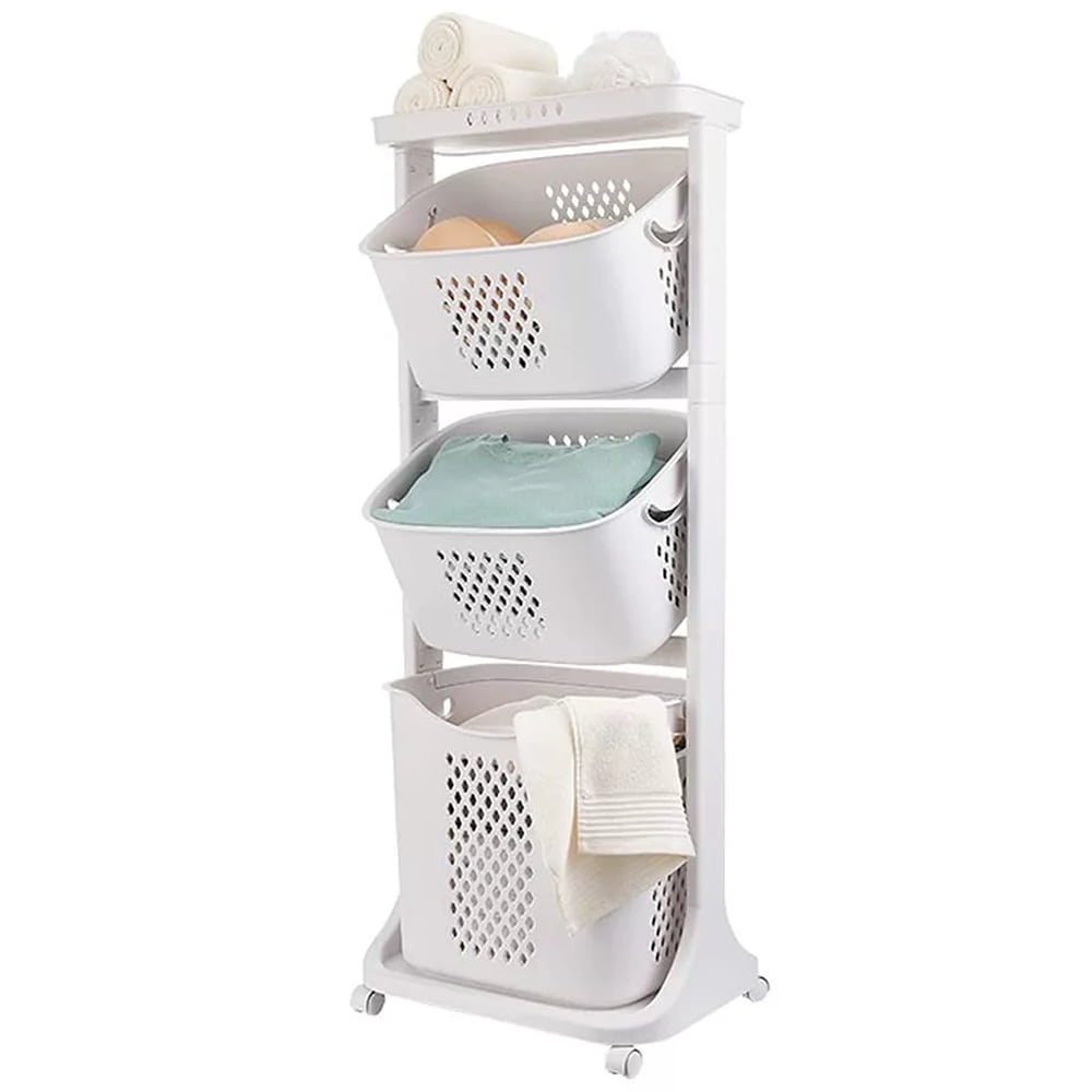 White 3-Tier Plastic Rolling Laundry Hamper with Wheels