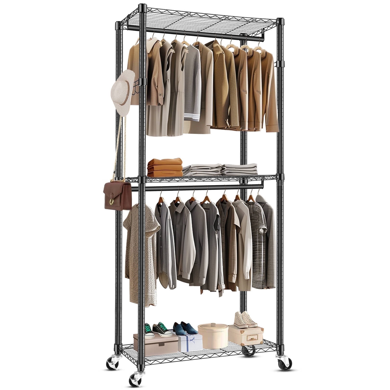 Clothes Rack Free Qhomic 3 Tiers Heavy Duty Clothes Rack, Free-Standing Double Rods ...