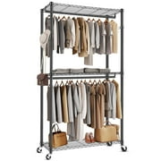 Adnoom 3 Tiers Heavy Duty Clothes Rack, Free-Standing Double Rods Clothing Closet Rack for Hanging Clothes, Garment Rack with Lockable Wheels & 2 Side Hooks, Black, 35.43 x 16.54 x 80