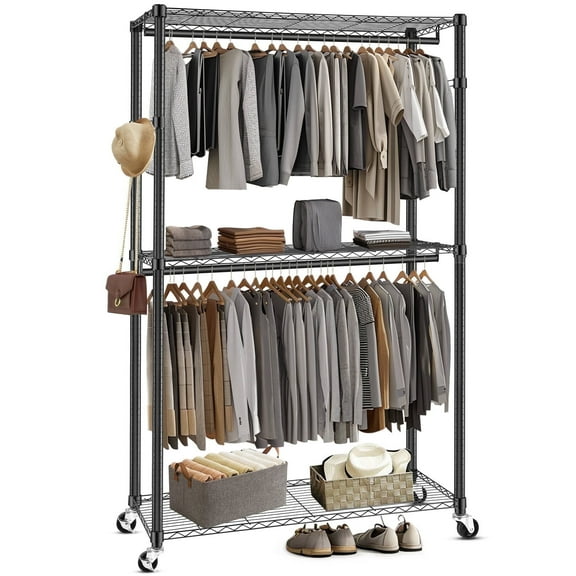 Adnoom 3 Tiers Heavy Duty Clothes Rack, Free-Standing Double Rods Clothing Closet Rack for Hanging Clothes, Garment Rack with Lockable Wheels & 2 Side Hooks, Black, 46.8" x 17.6" x 80"