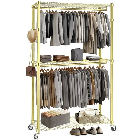 Adnoom 3 Tiers Heavy Duty Clothes Rack, Free-Standing Double Rods Clothing Closet Rack for Hanging Clothes, Garment Rack with Lockable Wheels & 2 Side Hooks, Gold, 46.8" x 17.6" x 80"