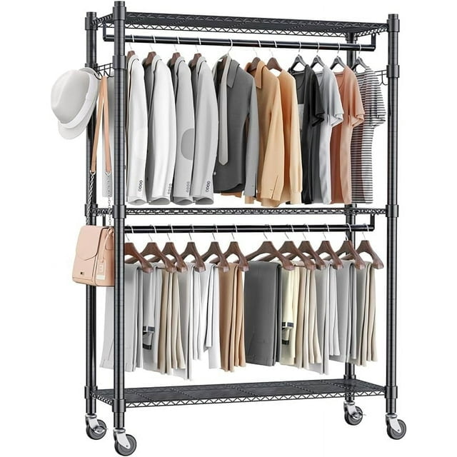 3-Tier Heavy-Duty Garment Rack, Rolling, Double Rods, Adjustable ...