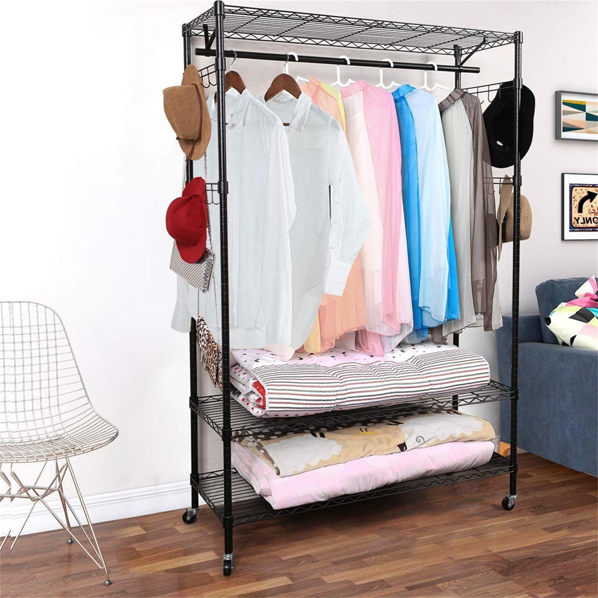 Black 3-Tier Heavy Duty Wire Shelving Garment Rack with Wheels