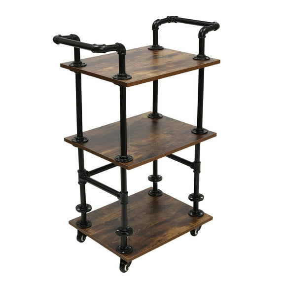 3 Tiers Industrial Bar Rolling Trolley Serving Cart Floor Mount Kitchen Wine Rack Stand Two U-shaped Handles with 4 Wheels 19.69*15.75*37inch for Wines, Books, Bowls, Plates, Microwaves, Pots, Pans
