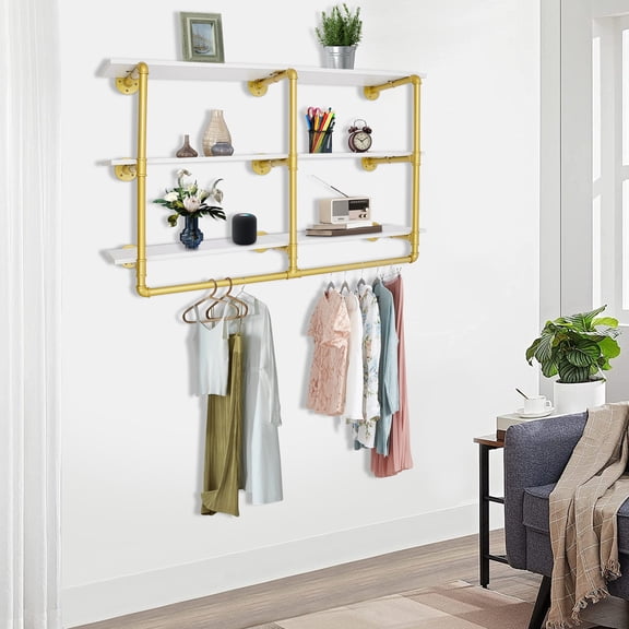 3 Tiers Industrial Pipe Clothing Rack 116*25*72cm Wall Mounted Storage Shelf White, Gold