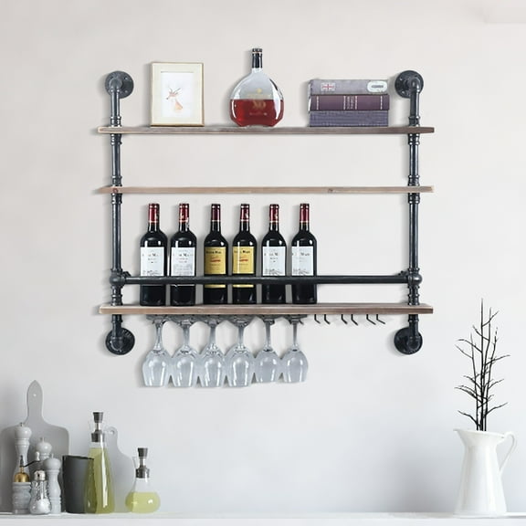 3 Tiers Industrial Rectangular Metal Shelf Wall Rack Wine Rack with Glass Holder Floating Shelf Bar 36*7.8*35in for Wine Cellars, Bars, Storerooms, Business Occasions