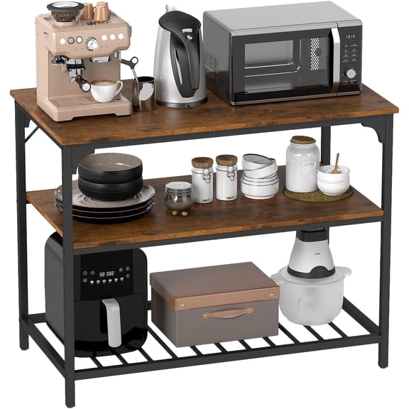 3 Tiers Kitchen Island 47.2 Inches Width Storage Counter with Large Storage Space Thick Board Top Solid Structure Shelf for Home Kitchen Restaurant Cafe (Brown)