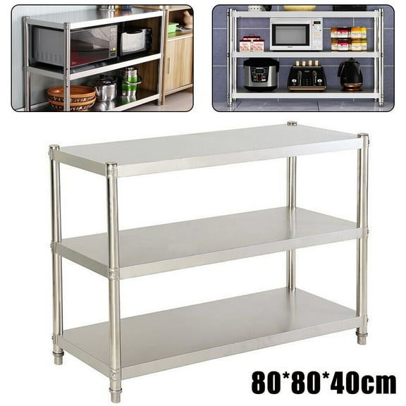 3 Tiers Kitchen Shelf Shelving Rack Restaurant Shelves Rack Stainless Steel 44.09-66.14lbs Capacity 31.49*31.49*15.74in for Offices, Kitchens, Hotels
