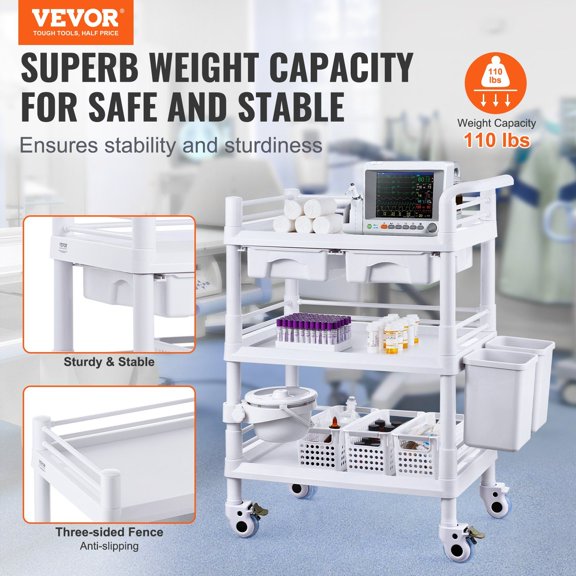 3 Tiers Lab Carts,Lab Utility Cart with 3 Trays&4 Silent Wheels,Mobile Medical Cart with PP Material,Lab Rolling Cart with 3 Trash Cans for Lab,Clinic,Hospital,Salon,White