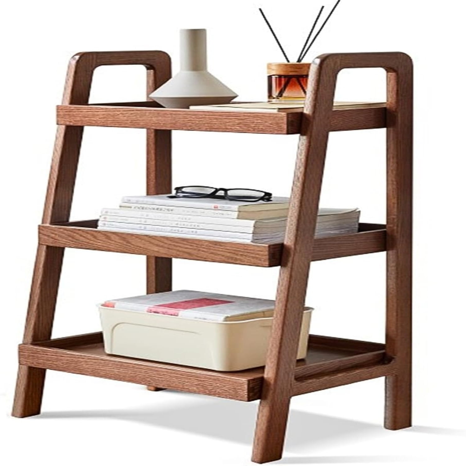 3Tiers Ladder Bookshelf Solid Oak Wood Ladder Floor Bookcase Room Open