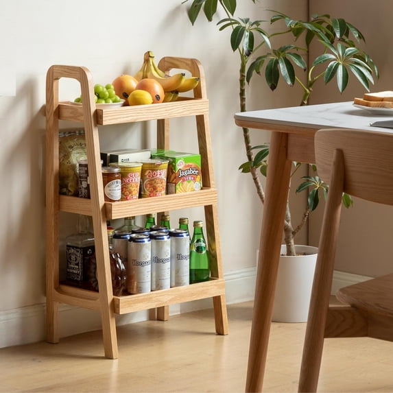 3-Tiers Ladder Bookshelf, Solid Oak Wood Ladder Shelf, Floor Bookcase, Side Table for Living Room, Storage Open Shelf for Kitchen, Bathroom