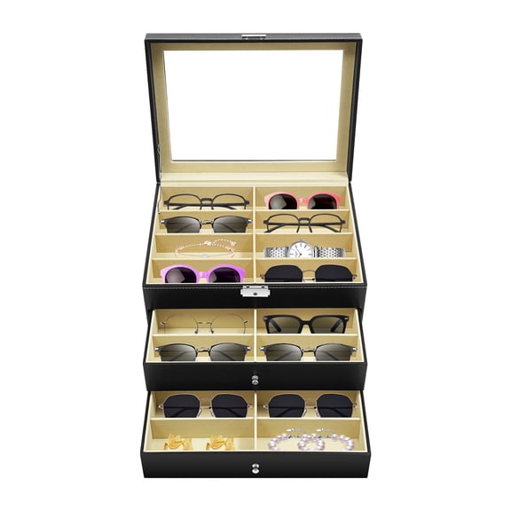 3 Tiers Large Eyeglass Sunglasses Glasses Display Case with Drawer Storage Box, Eyeglass Eyewear Display Storage Case