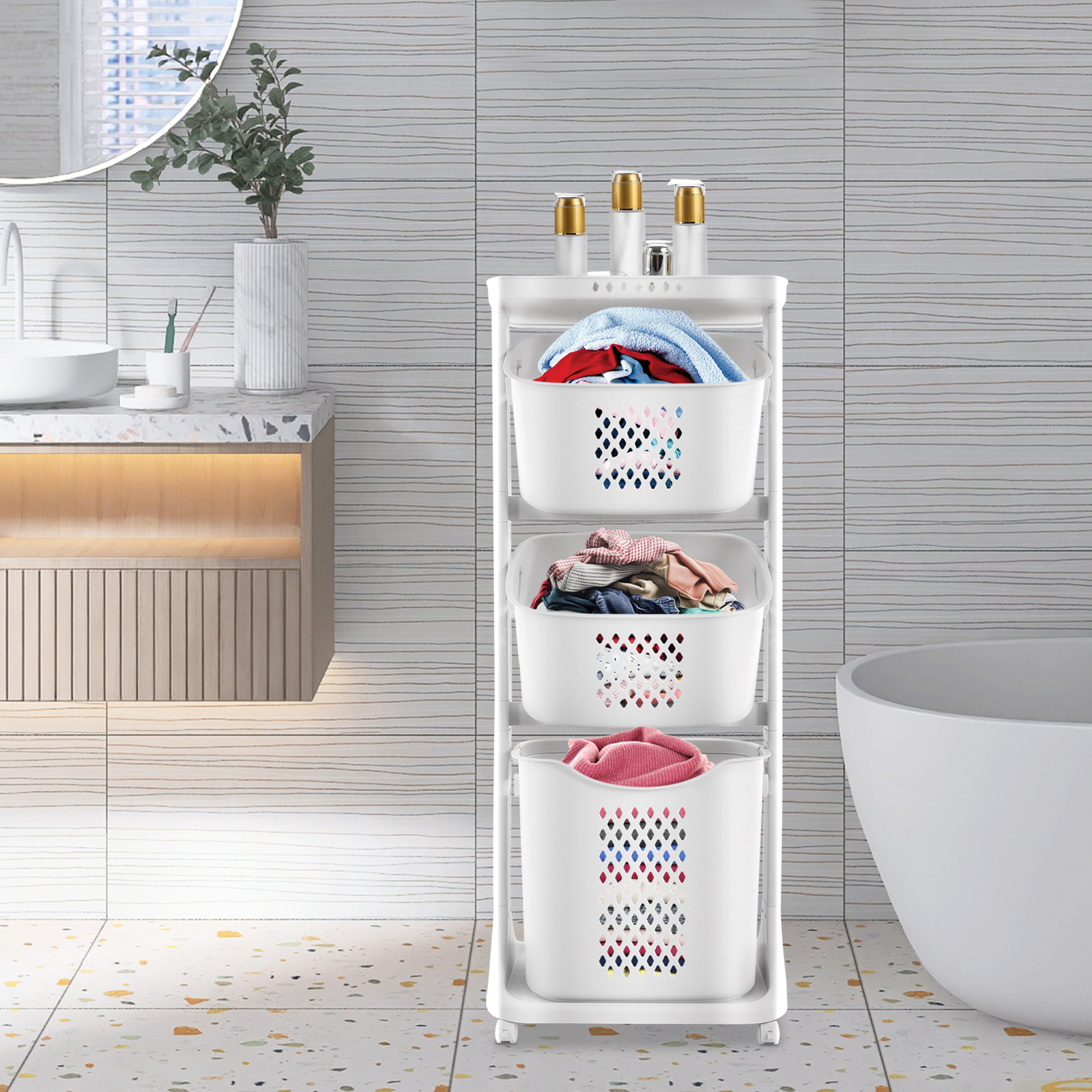 3 Tiers Laundry Basket with Wheels, Laundry Sorter Hamper, Rolling Organizer Shelf Cart for Dirty Clothes