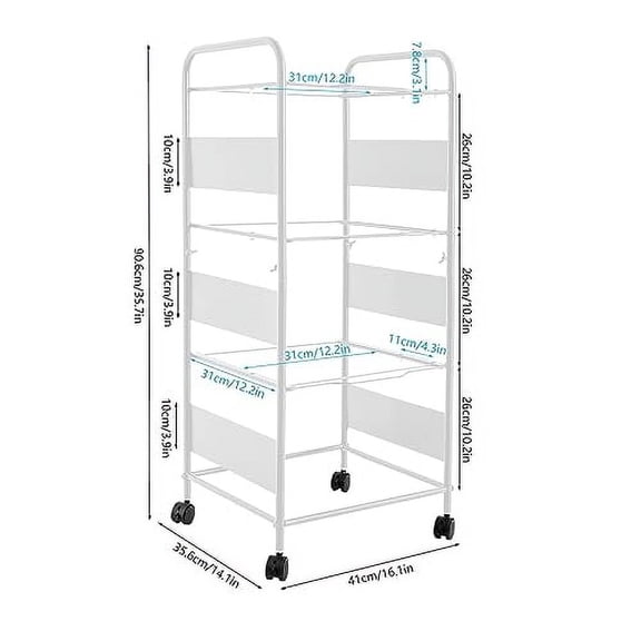 3 Tiers Metal Rolling File Carts w/Wheels, Modern Movable Pull-Out File Folder Holder,Potable Drawer File Cabinet,Hanging File Frame for Office, Classroom, Home Study,White