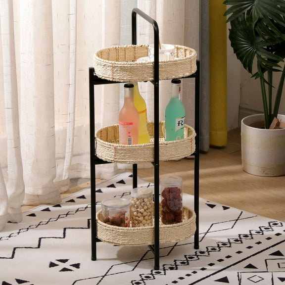 3 Tiers Oval Storage Tray Table Natural Material Paper Rope Woven Side Table Small Shelves Ideal for Living Room