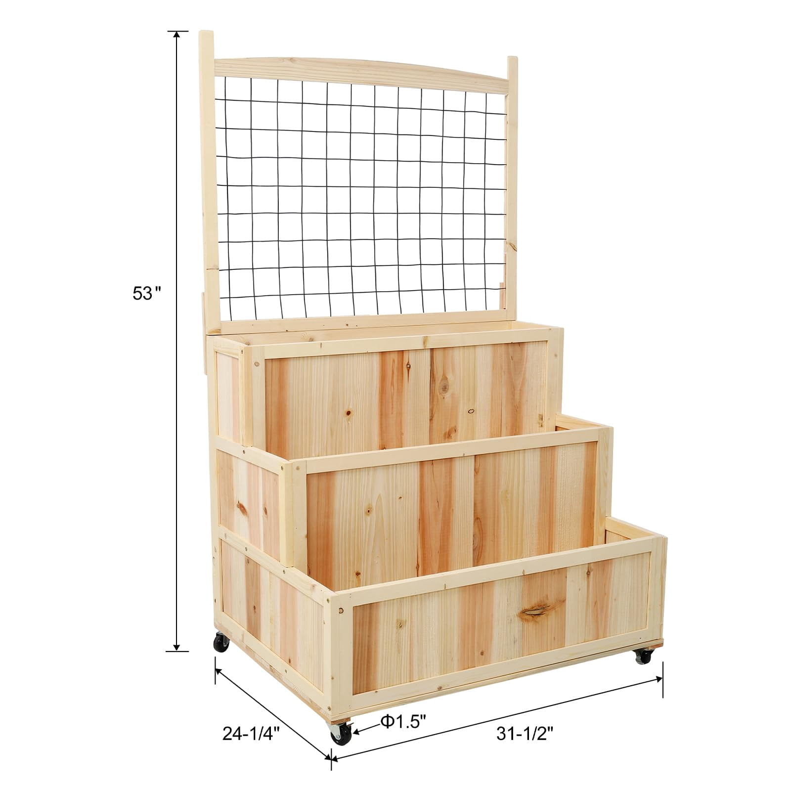 3-Tiers Raised Garden Bed with Trellis, 53' H Vertical Planter Box with Wheels & Back Storage Area, for Flowers, Vegetables, Herbs, Natural