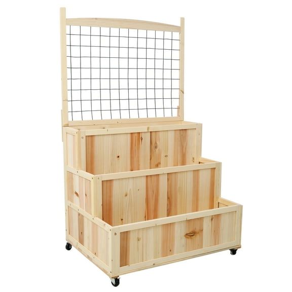 3-Tiers Raised Garden Bed with Trellis, 53" H Vertical Planter Box with Wheels & Back Storage Area, for Flowers, Vegetables, , Natural