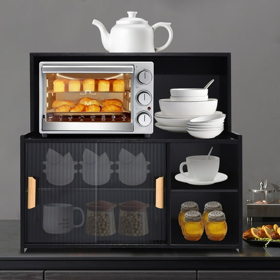 3 Tiers Rectangular Countertop Kitchen Pantry, Small Bamboo Sideboard with 2 Sliding Glass Doors Standing Dining Cupboard Storage Cabinet for Cup Spice Seasoning Bottle(Black)