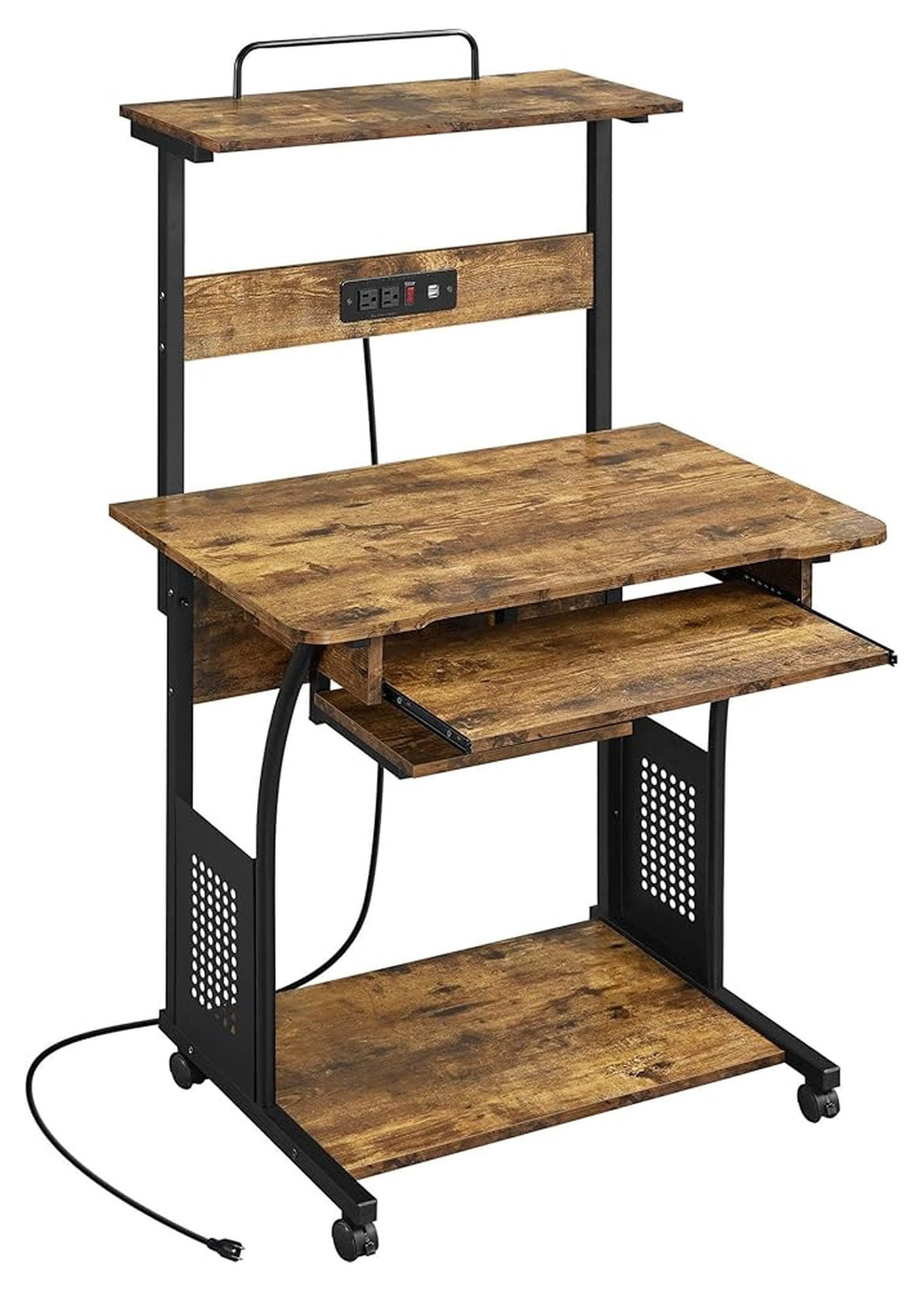 3 Tiers Rolling Computer Desk with Power Outlet and USB Ports for Space Saving, Home Office Desk with Keyboard Tray and Printer Shelf on Wheels, Laptop PC Workstation Table, Rustic Brown