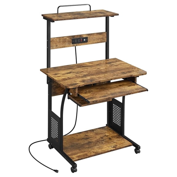 3 Tiers Rolling Computer Desk with Power Outlet and USB Ports for Space Saving, Home Office Desk with Keyboard Tray and Printer Shelf on Wheels, Laptop PC Workstation Table, Rustic Brown