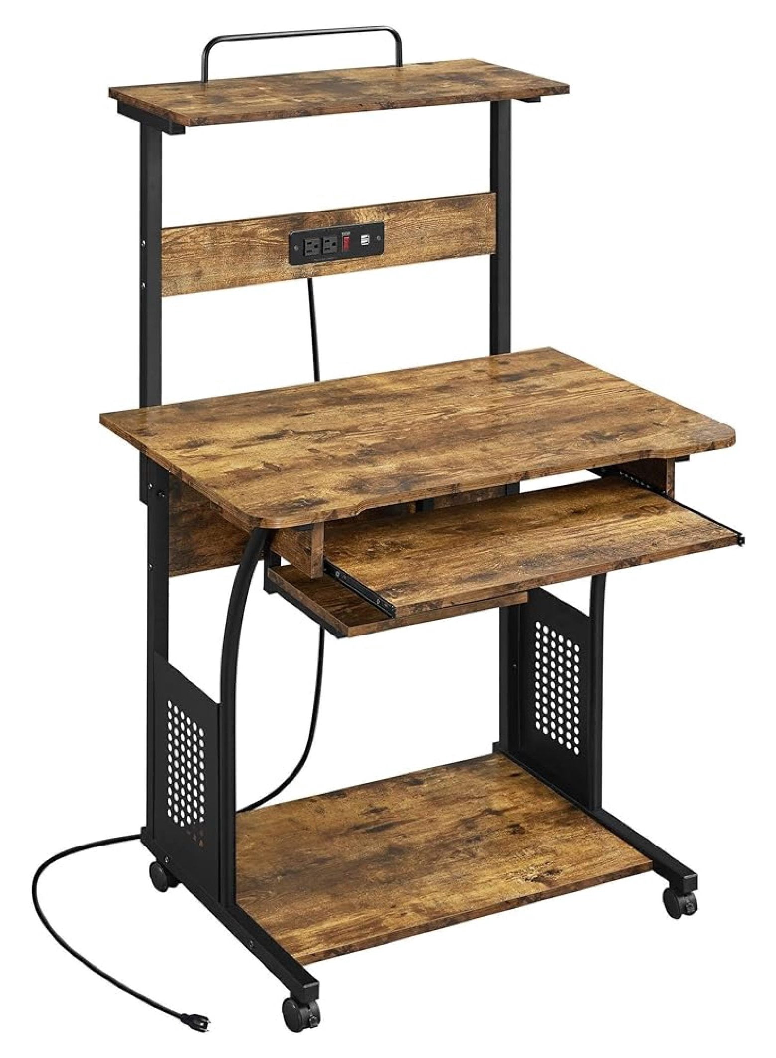 3 Tiers Rolling Computer Desk with Power Outlet and USB Ports for Space Saving, Home Office Desk with Keyboard Tray and Printer Shelf on Wheels, Laptop PC Workstation Table, Rustic Brown