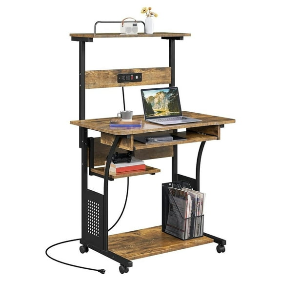 3 Tiers Rolling Computer Desk on Wheels with Charging Station and Keyboard Tray, Mobile Home Office Desk PC Laptop Workstation with Power Outlet and USB Ports for Home Studying, Rustic Brown