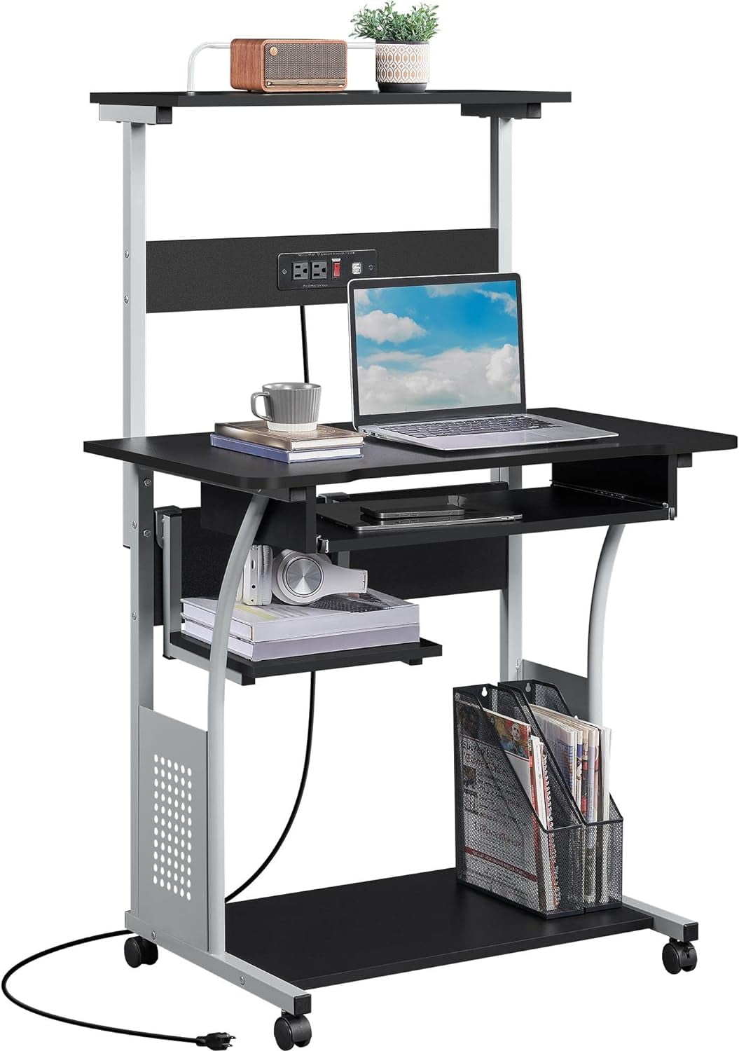 3 Tiers Rolling Computer Desk on Wheels with Charging Station and Keyboard Tray, Mobile Home