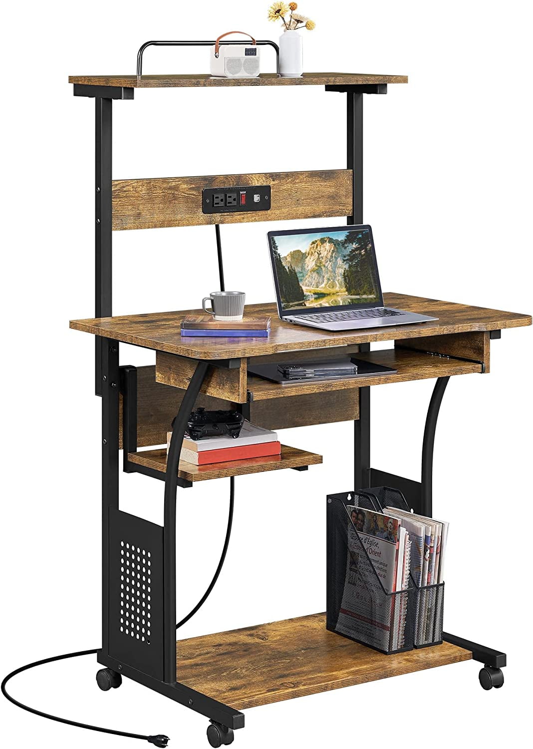 3 Tiers Rolling Computer Desk on Wheels with Charging Station and Keyboard Tray, Mobile Home